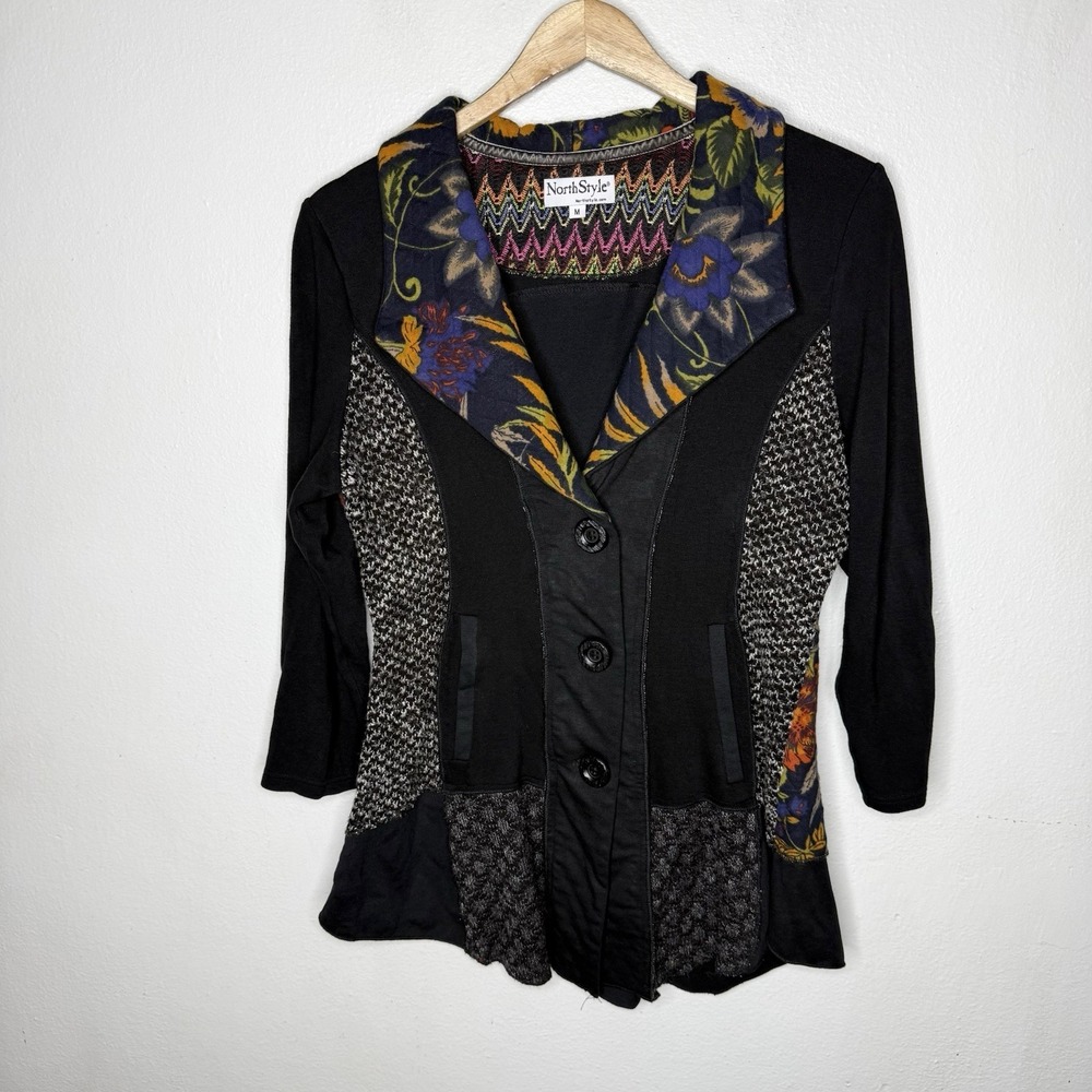 NorthStyle Black Mixed-Texture Blazer with Floral Trim